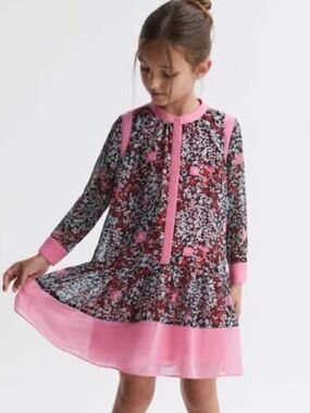 Reiss Girls Floral Long Sleeve Chiffon Dress with Pink Trim